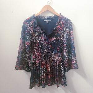 Valerie Stevens Pleated Floral Blouse Womens Small Long Sleeve 100% Polyester